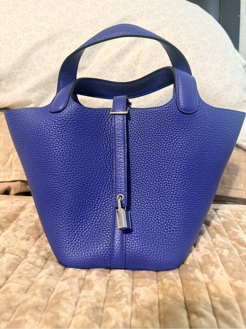 Pebbled Leather Small Tote in Royal Blue with Top Handles